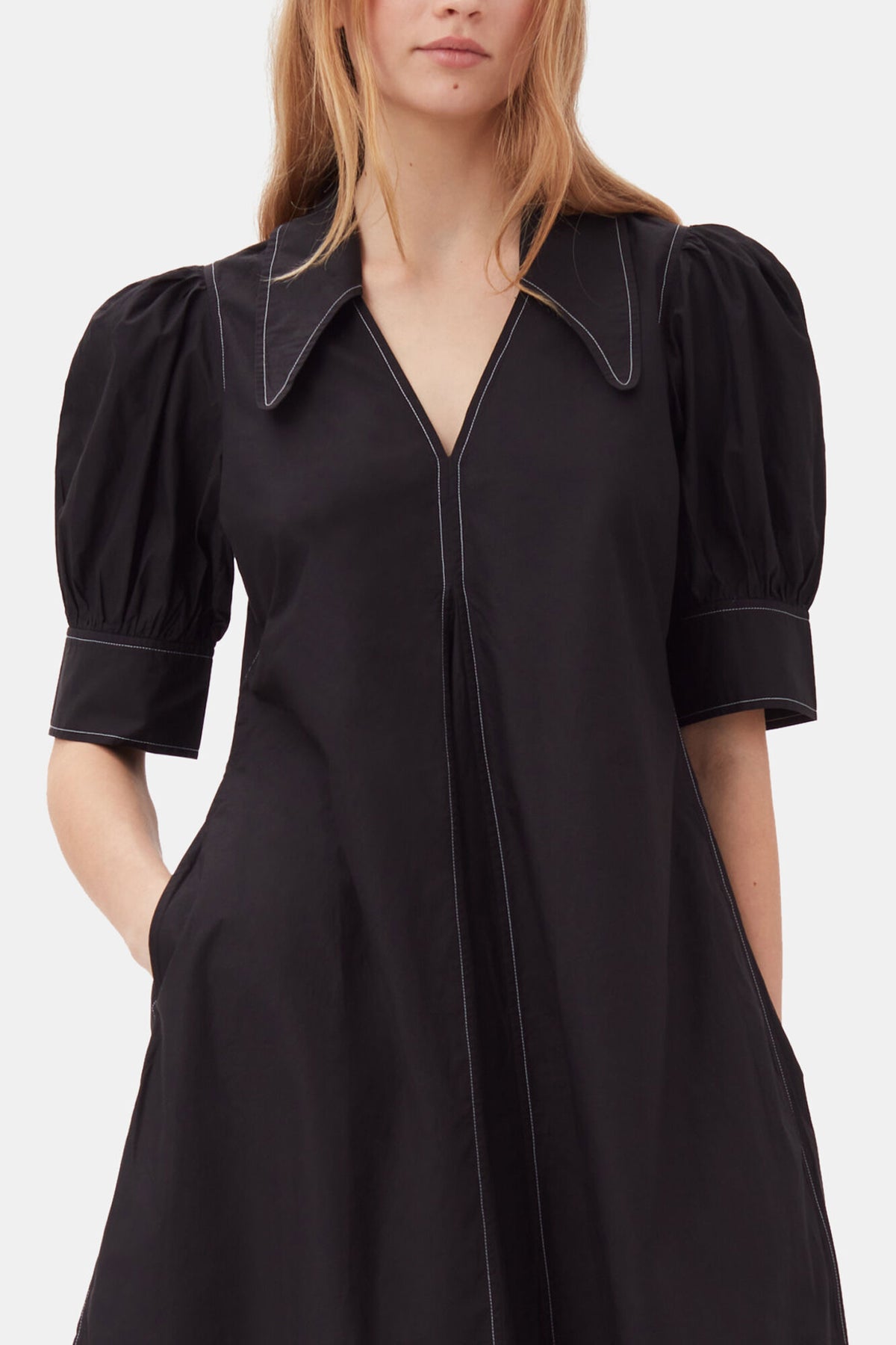 Cotton Poplin V-Neck Midi Dress