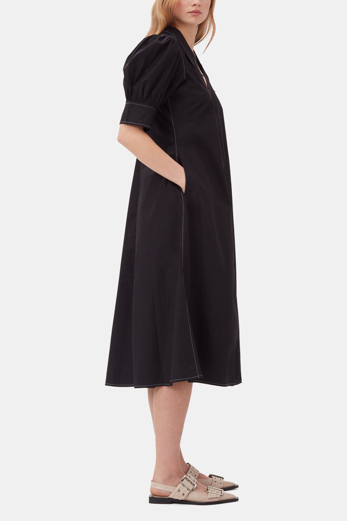 Cotton Poplin V-Neck Midi Dress