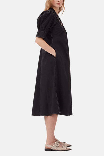 Cotton Poplin V-Neck Midi Dress