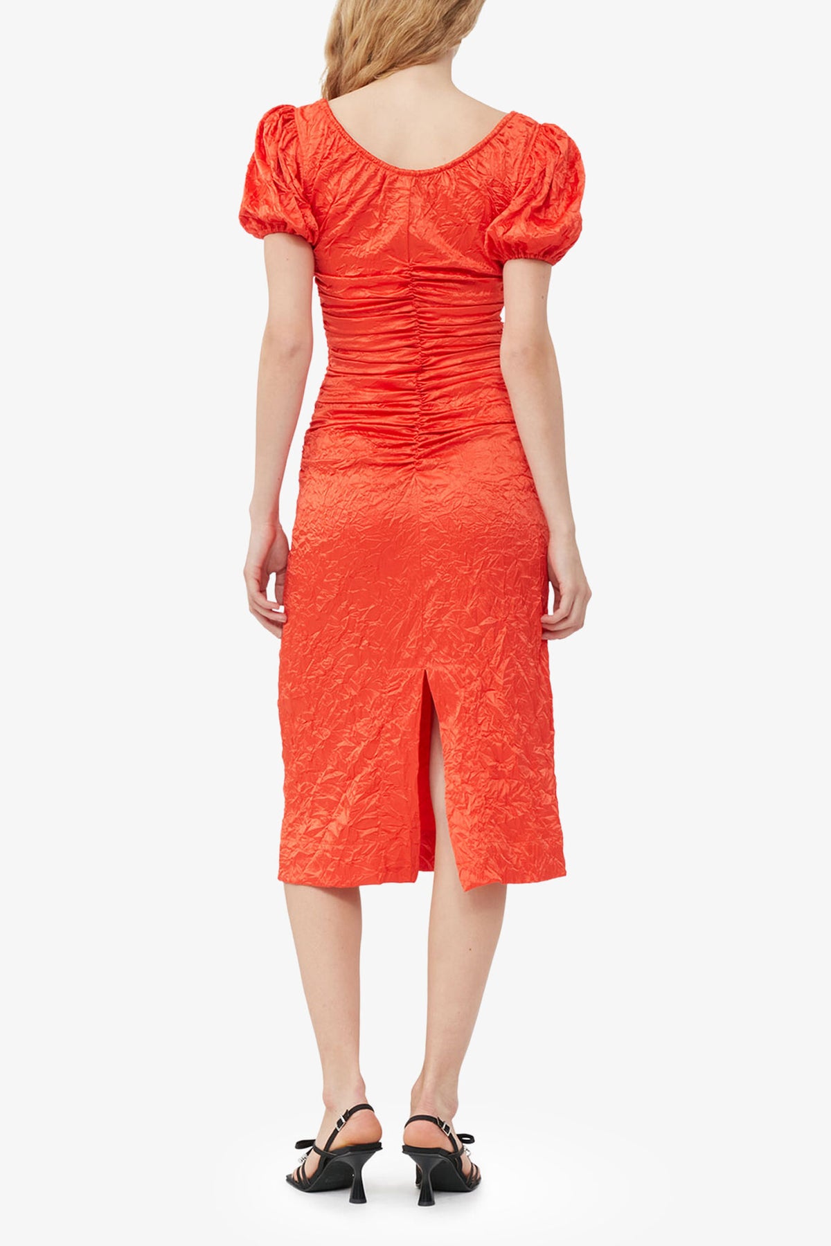 Red Crinkled Satin Midi Dress