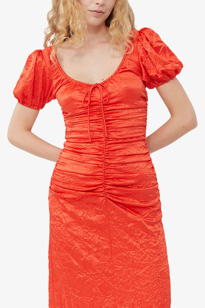 Red Crinkled Satin Midi Dress
