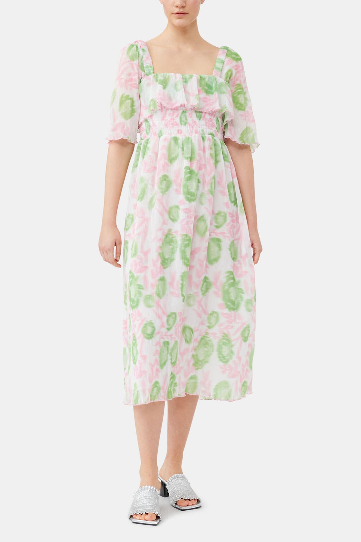 Pleated Georgette Midi Smock Dress