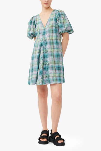 Seersucker Check V-Neck Mini Dress