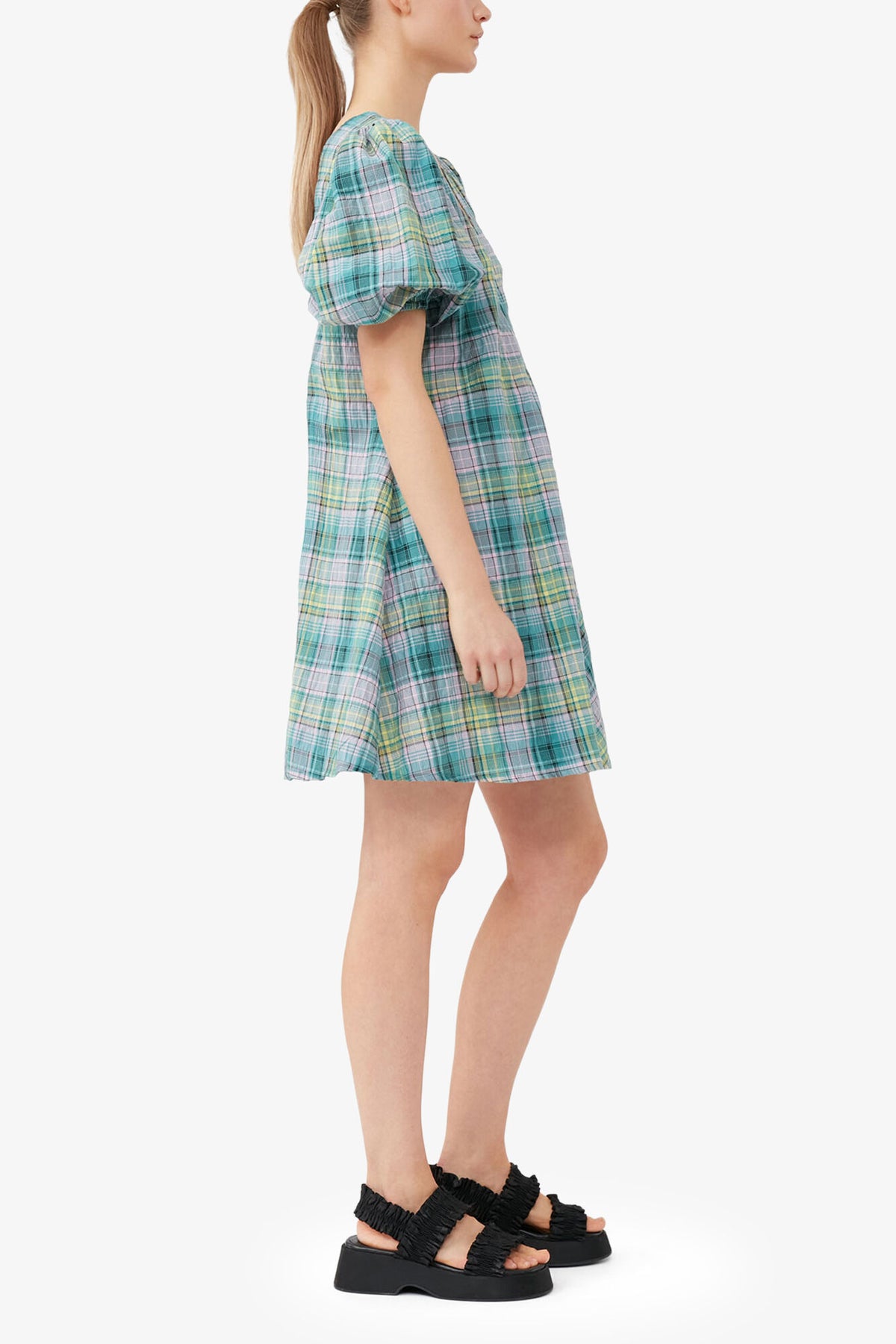Seersucker Check V-Neck Mini Dress