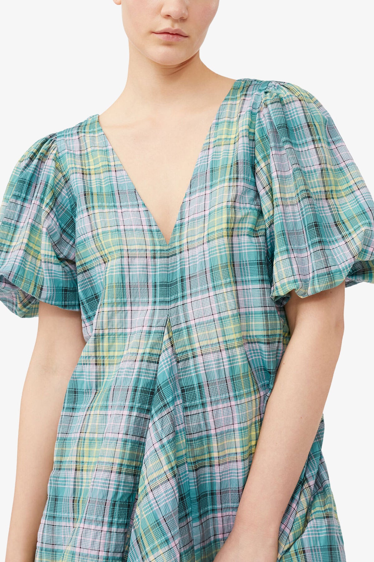 Seersucker Check V-Neck Mini Dress