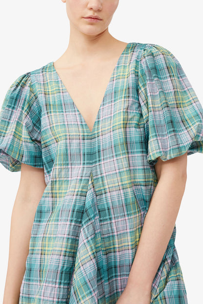 Seersucker Check V-Neck Mini Dress