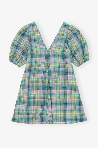 Seersucker Check V-Neck Mini Dress