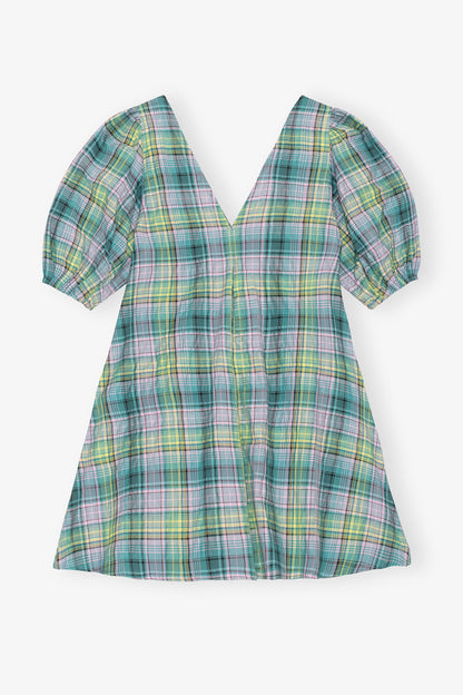 Seersucker Check V-Neck Mini Dress