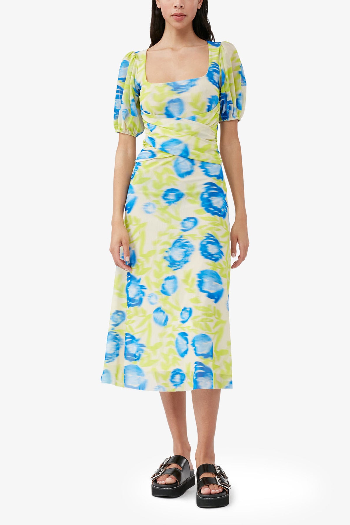 Printed Mesh Puff Sleeve Midi Dress