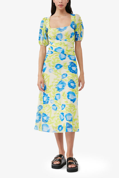 Printed Mesh Puff Sleeve Midi Dress