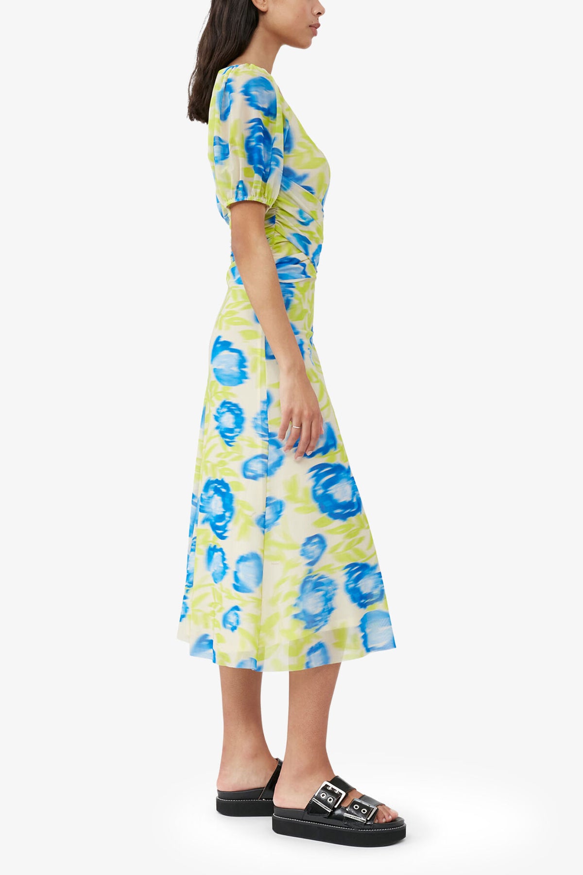 Printed Mesh Puff Sleeve Midi Dress
