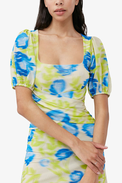 Printed Mesh Puff Sleeve Midi Dress