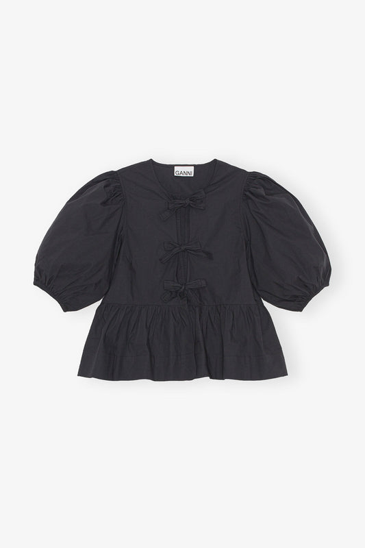 Cotton Poplin Peplum Tie Blouse