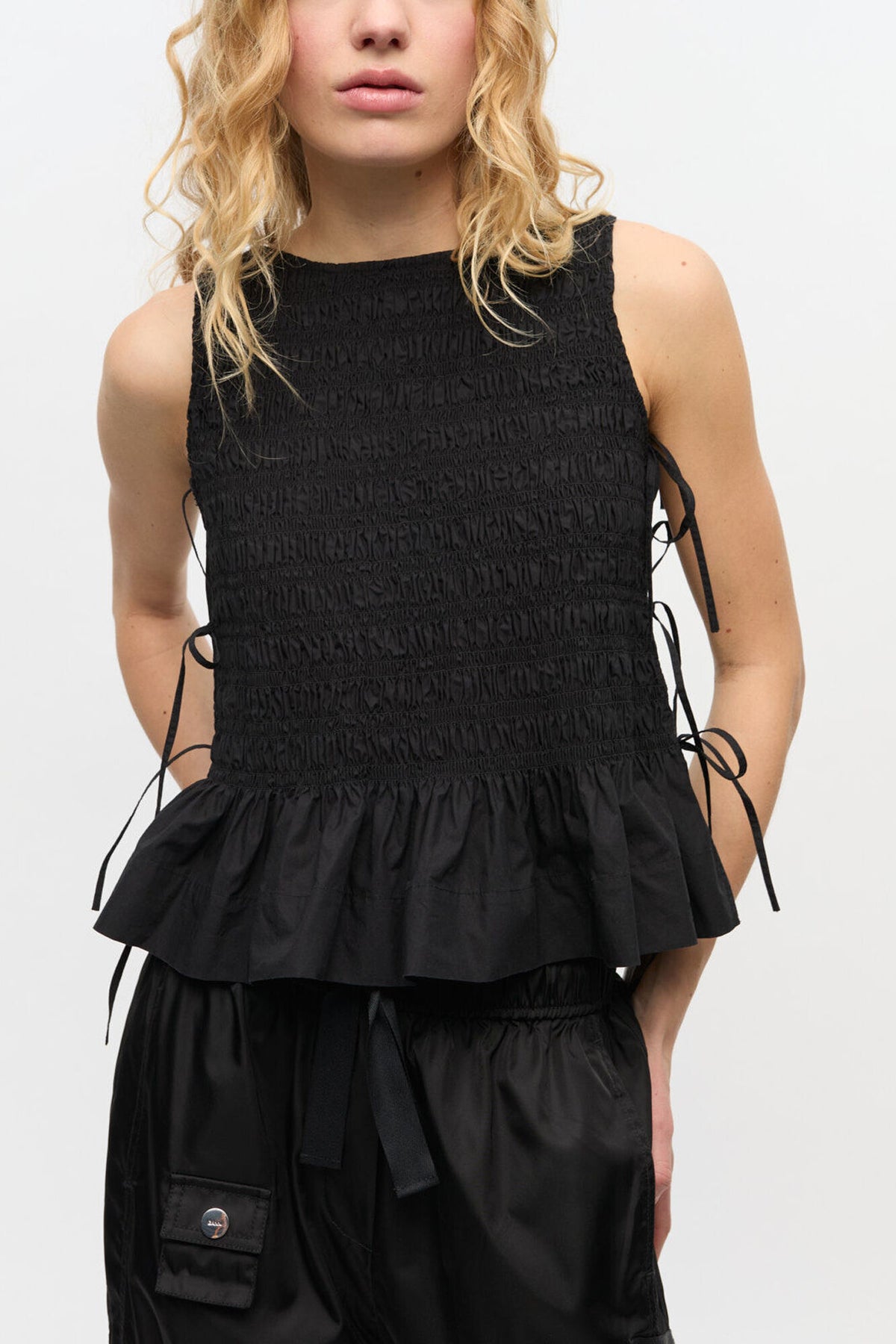 Black Cotton Smock Tie Top