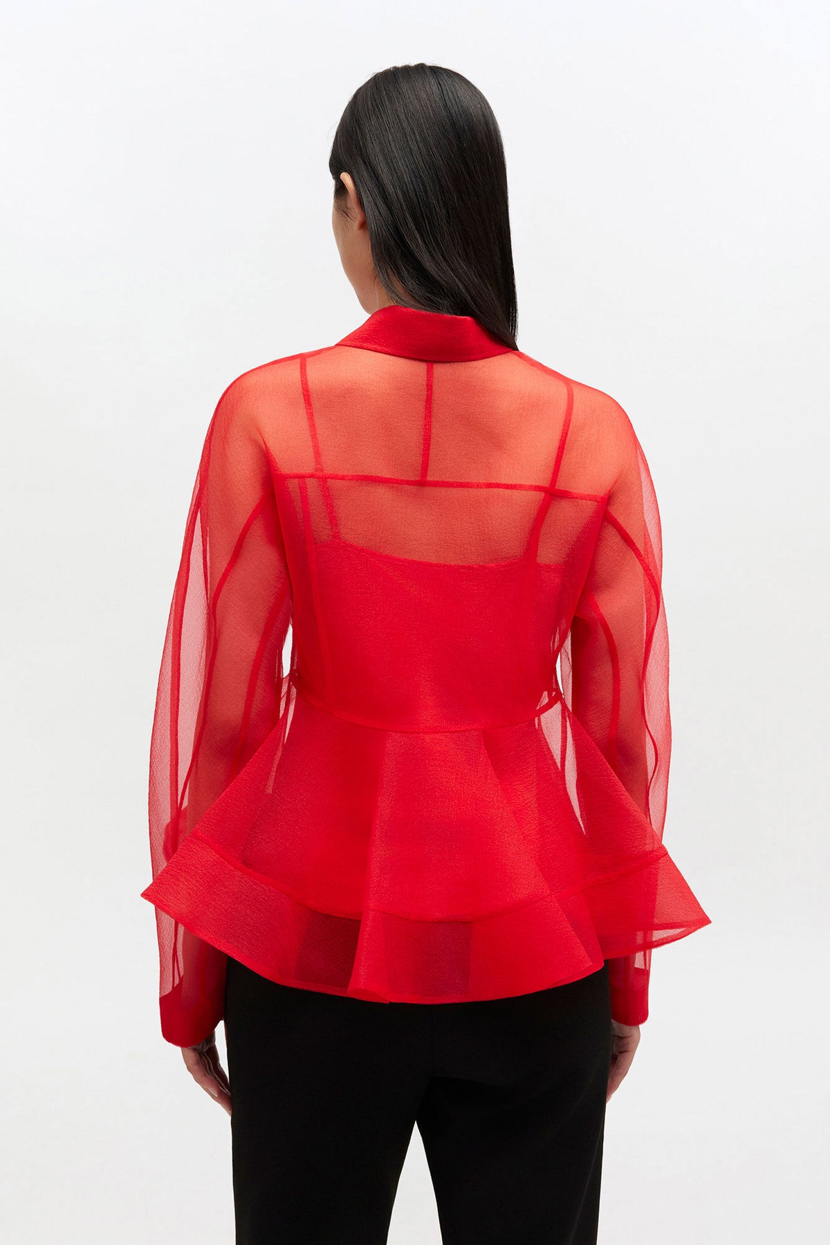 Red Organza Peplum Shirt