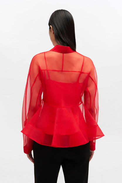 Red Organza Peplum Shirt