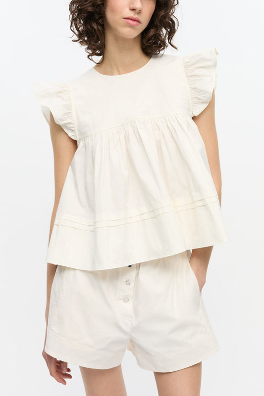 White Stretch Cotton Frill Sleeve Top