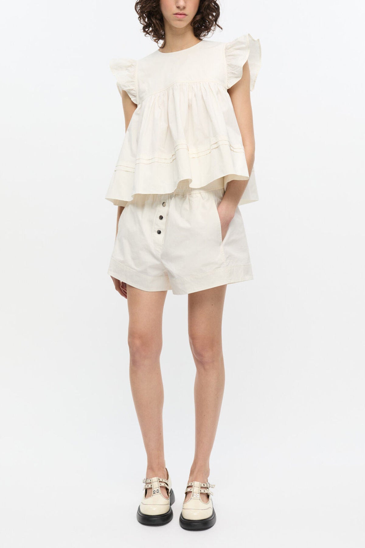 White Stretch Cotton Frill Sleeve Top