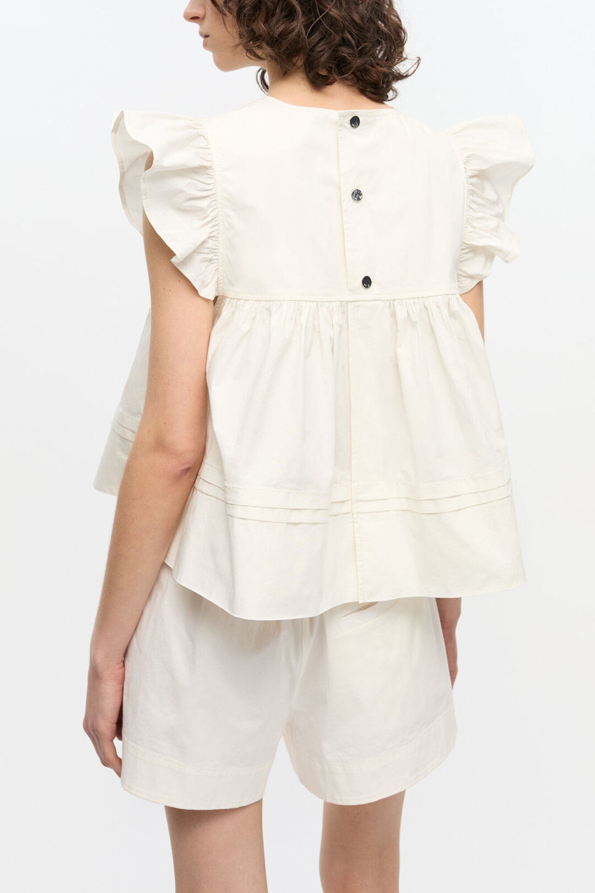 White Stretch Cotton Frill Sleeve Top