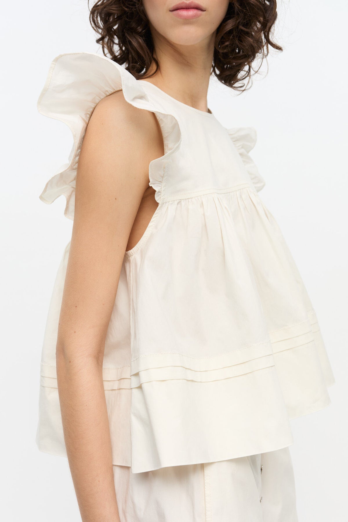 White Stretch Cotton Frill Sleeve Top