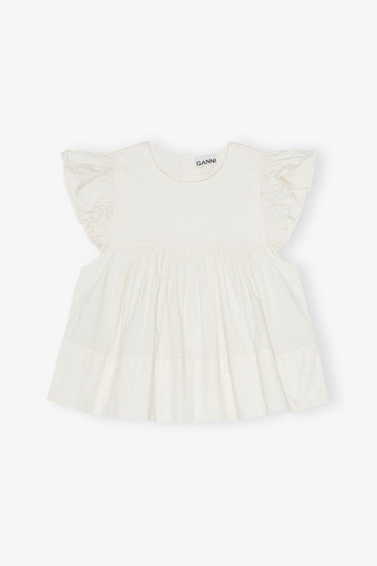 White Stretch Cotton Frill Sleeve Top