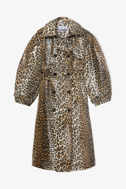 Leopard Laminated Cotton Trench Coat