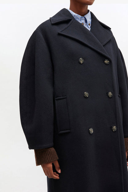 Dark Blue Wool Oversized Long Peacoat