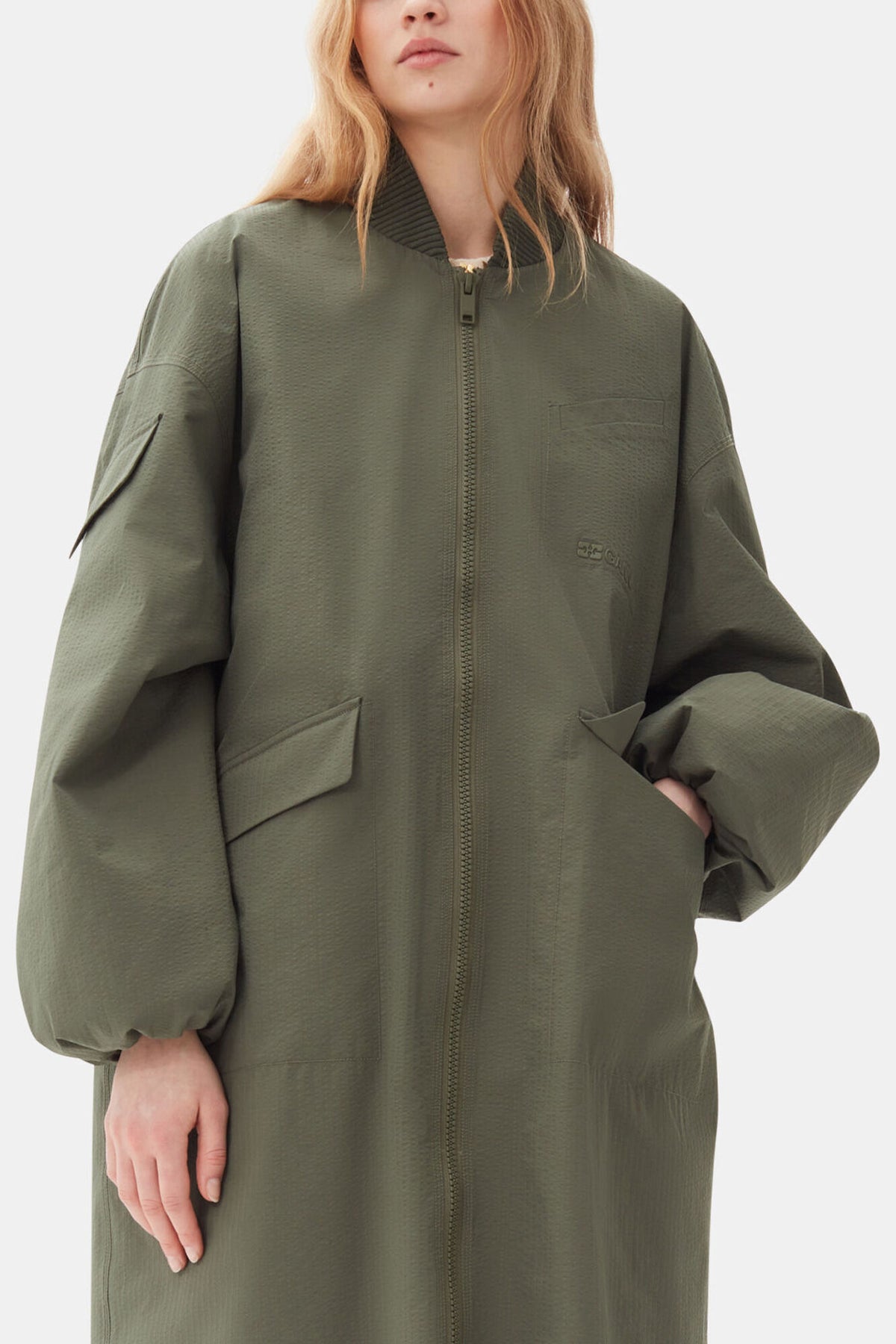 Green Tech Seersucker Oversized Shell Coat
