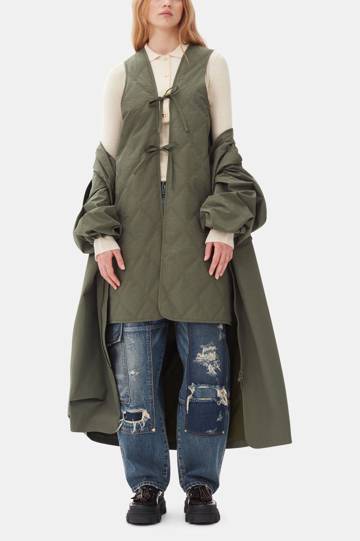 Green Tech Seersucker Oversized Shell Coat