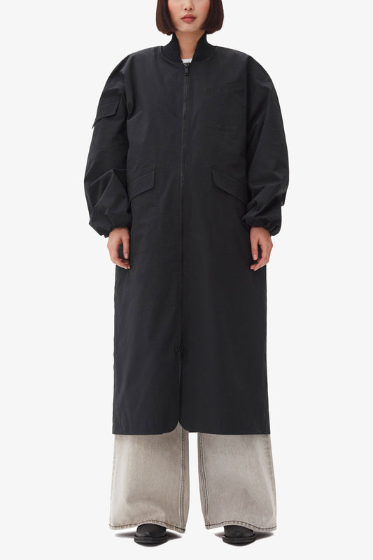 Black Tech Seersucker Oversized Shell Coat
