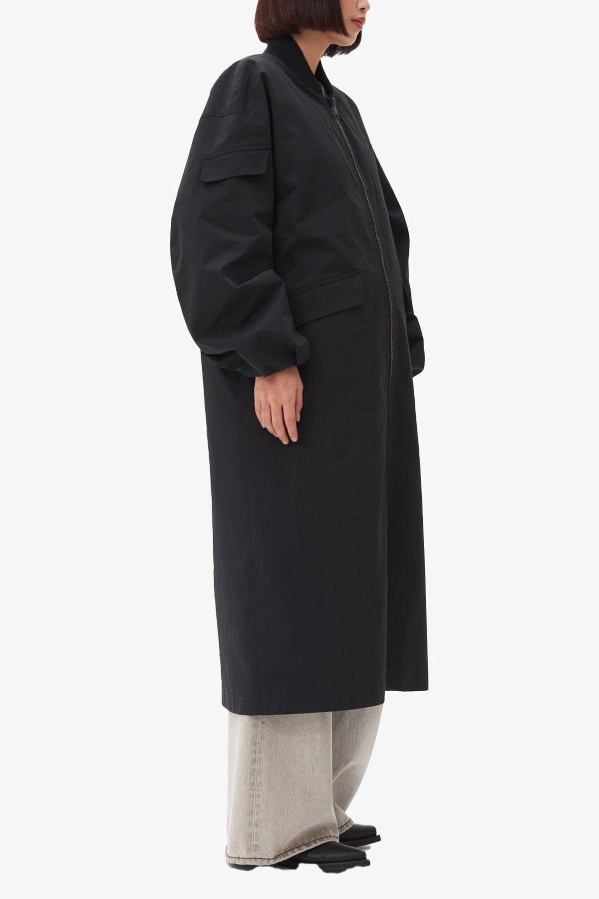 Black Tech Seersucker Oversized Shell Coat