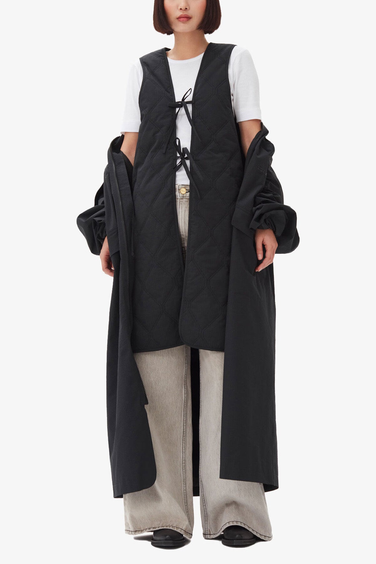 Black Tech Seersucker Oversized Shell Coat