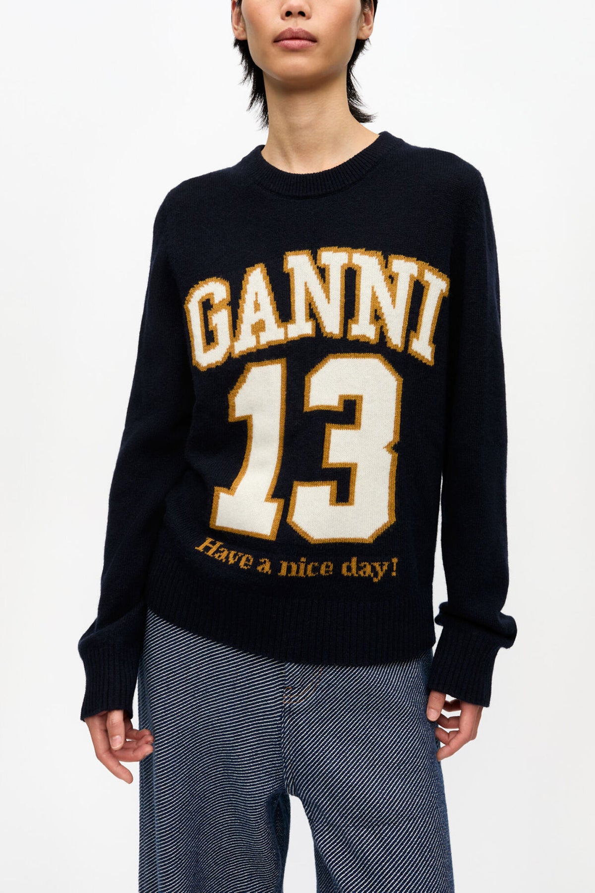 Dark Blue Graphic Wool Mix Baseball Sweater