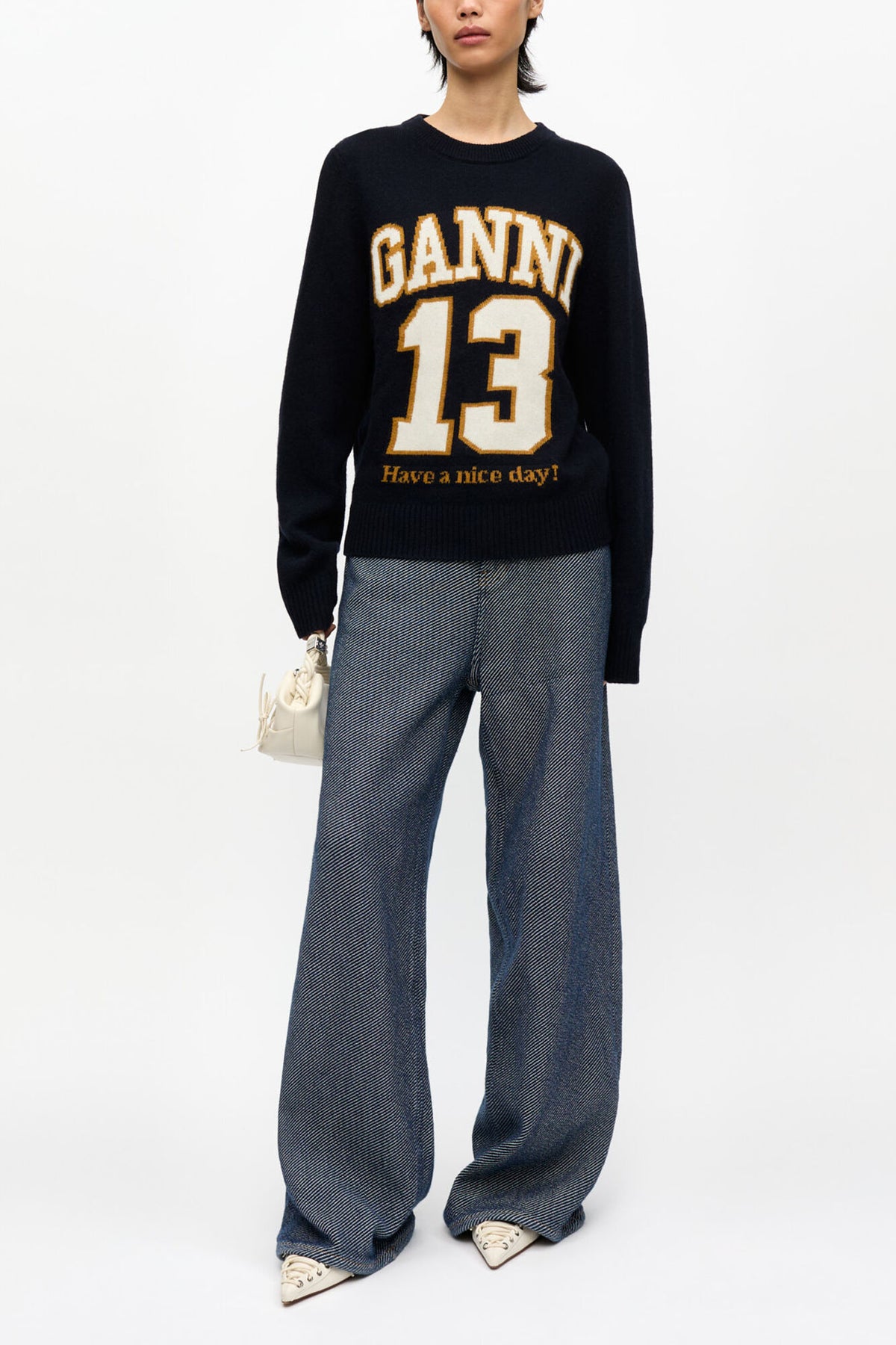 Dark Blue Graphic Wool Mix Baseball Sweater