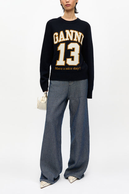 Dark Blue Graphic Wool Mix Baseball Sweater