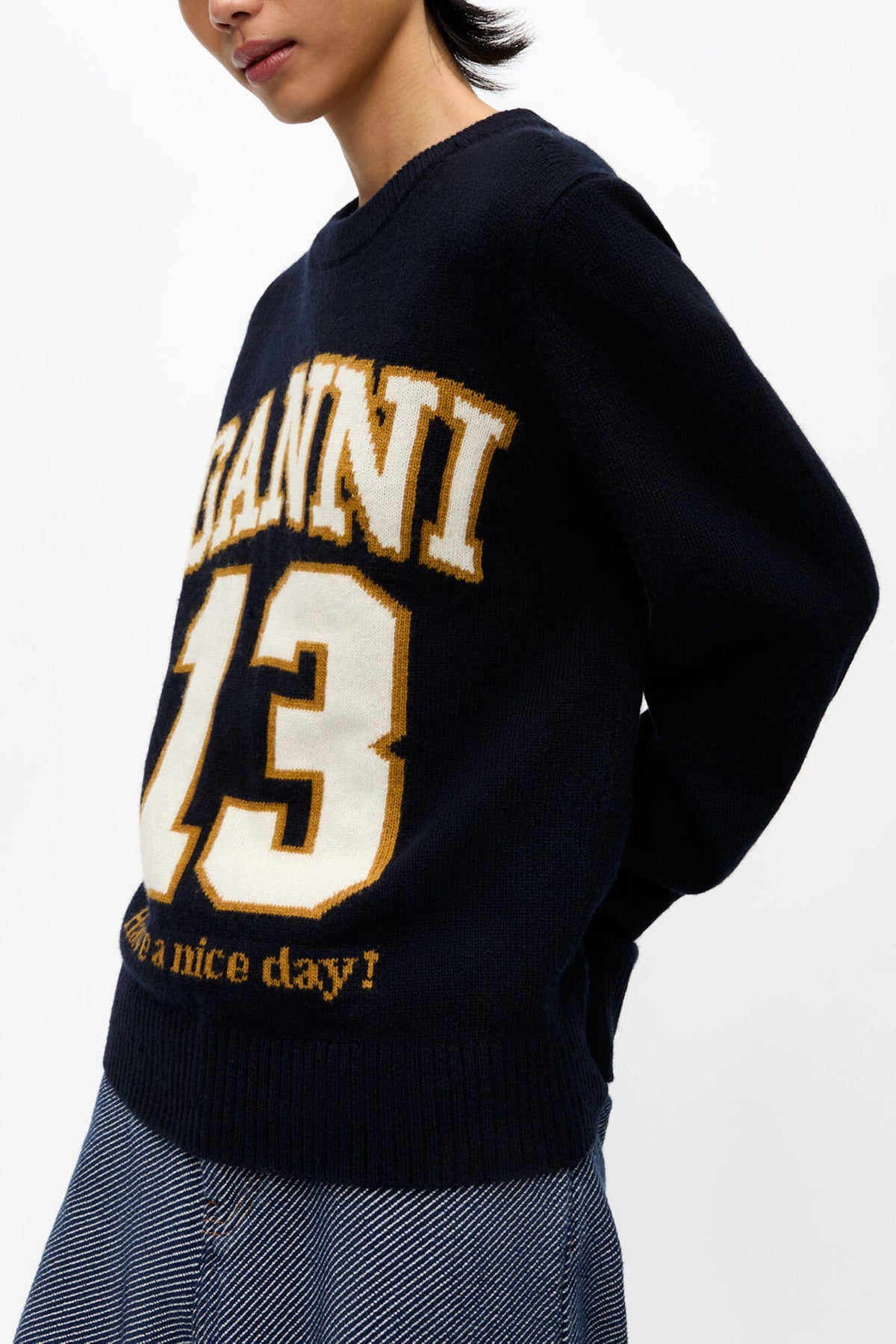Dark Blue Graphic Wool Mix Baseball Sweater