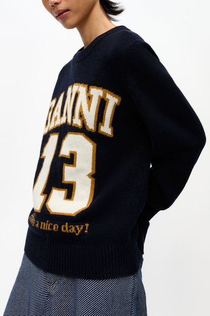 Dark Blue Graphic Wool Mix Baseball Sweater