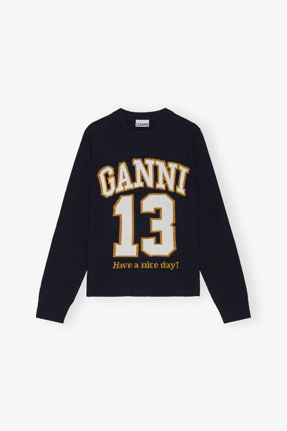 Dark Blue Graphic Wool Mix Baseball Sweater