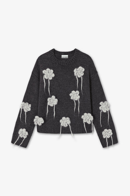 Dark Grey Flower Crochet Sweater