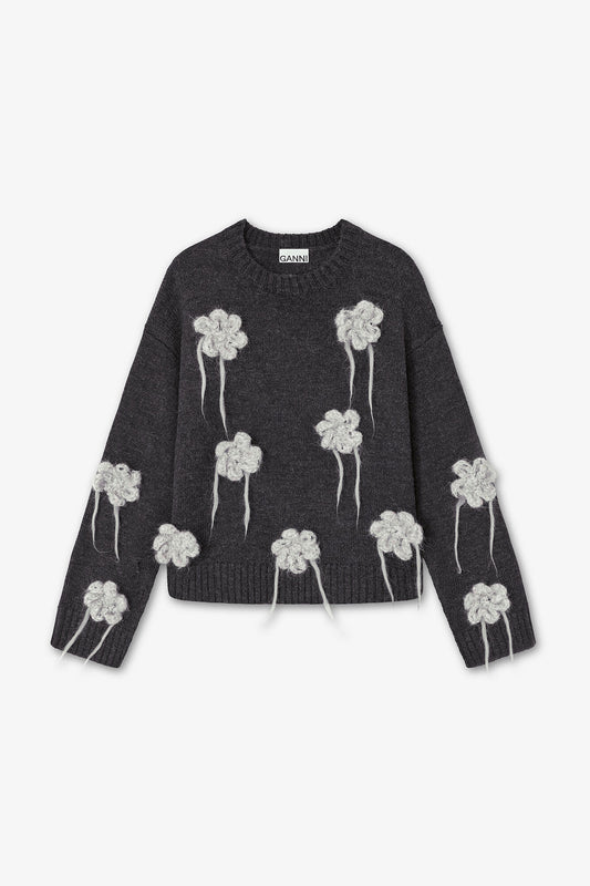 Dark Grey Flower Crochet Sweater
