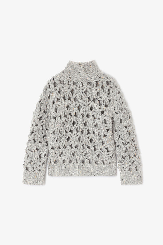 Grey Flower Crochet Sweater