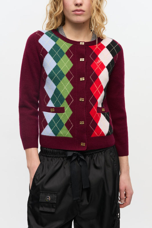 Burgundy Check Cardigan