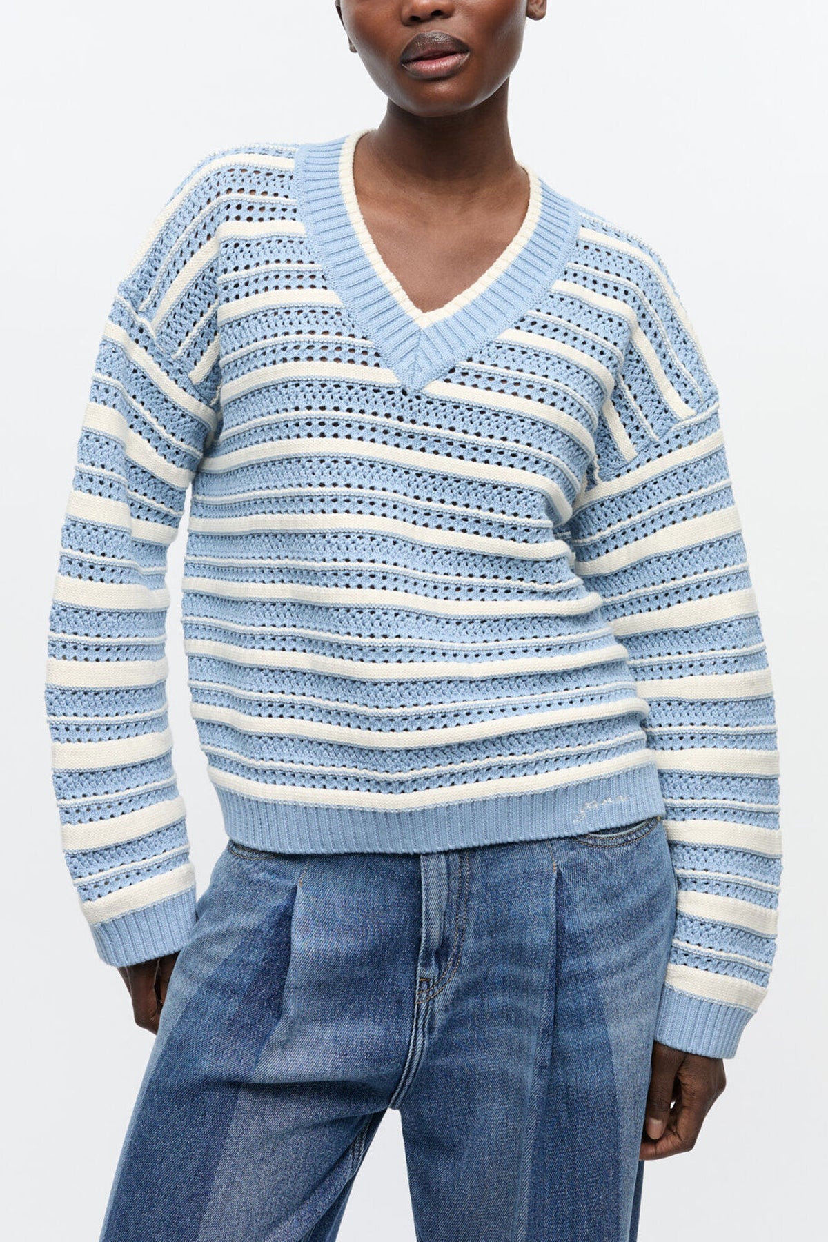 Blue Striped Cotton V-neck Sweater