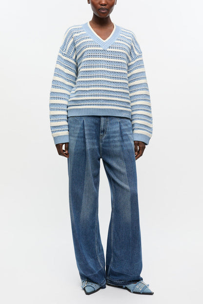 Blue Striped Cotton V-neck Sweater