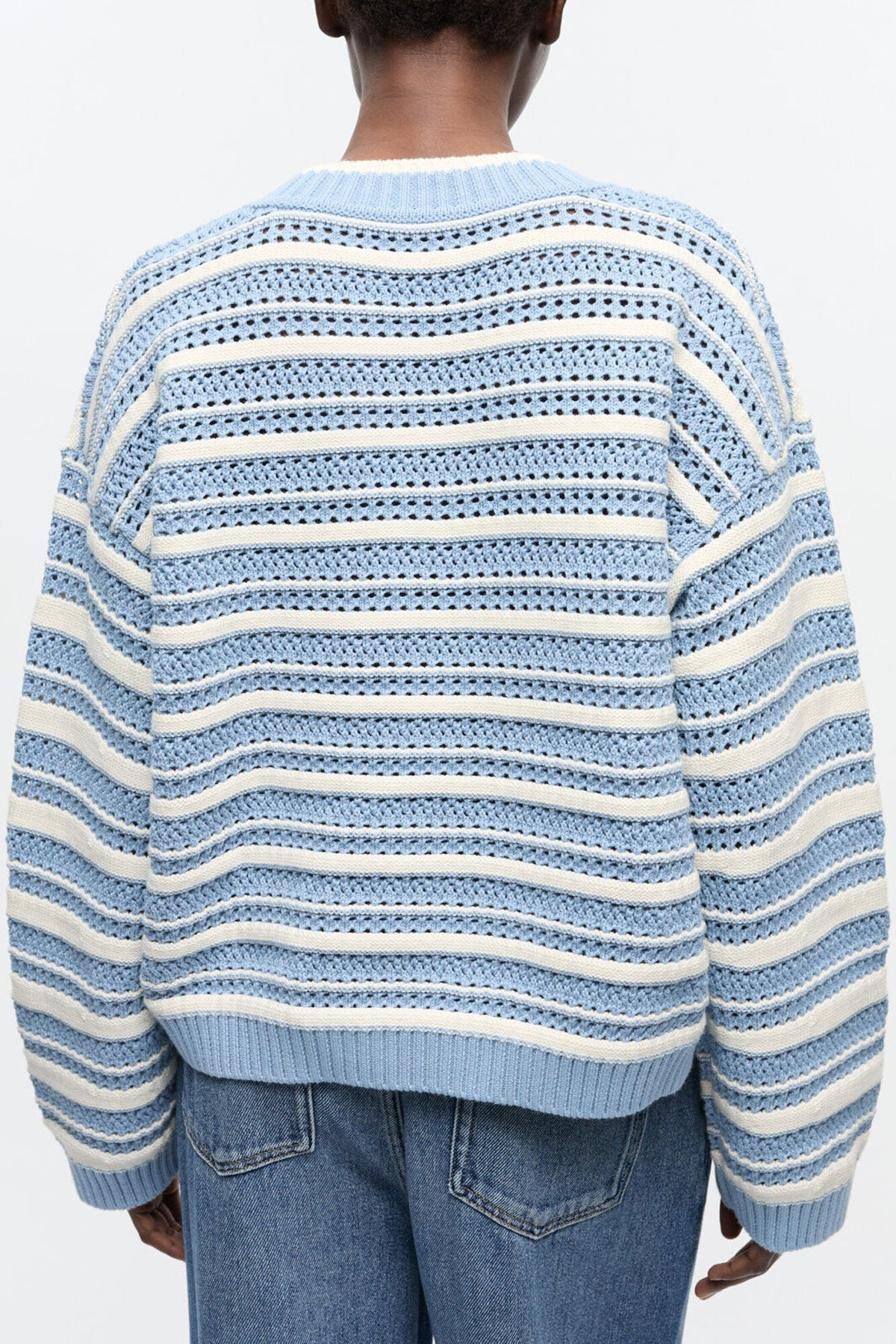 Blue Striped Cotton V-neck Sweater