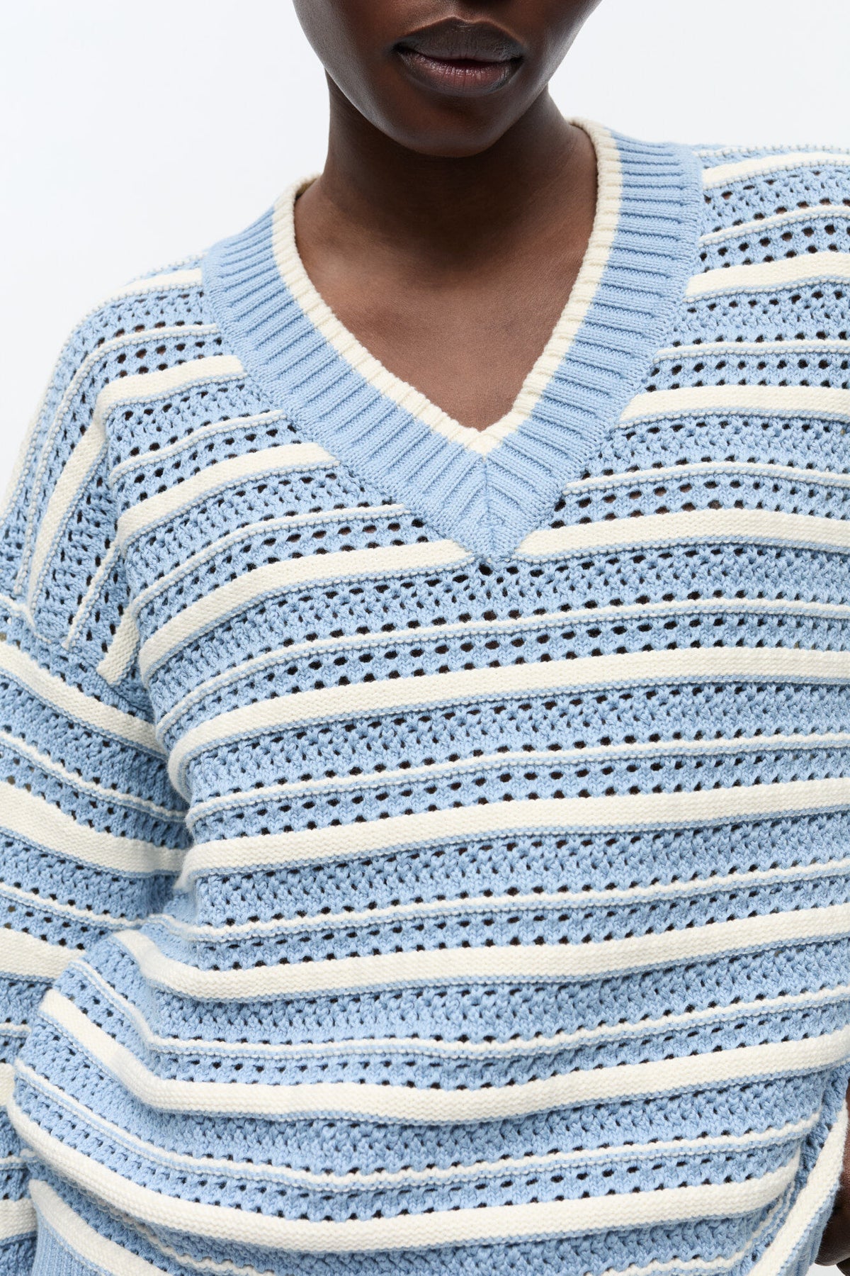 Blue Striped Cotton V-neck Sweater