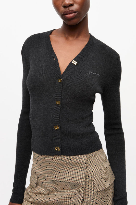 Black Mini Ribbed Merino Cardigan