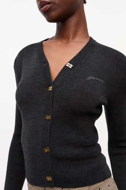 Black Mini Ribbed Merino Cardigan