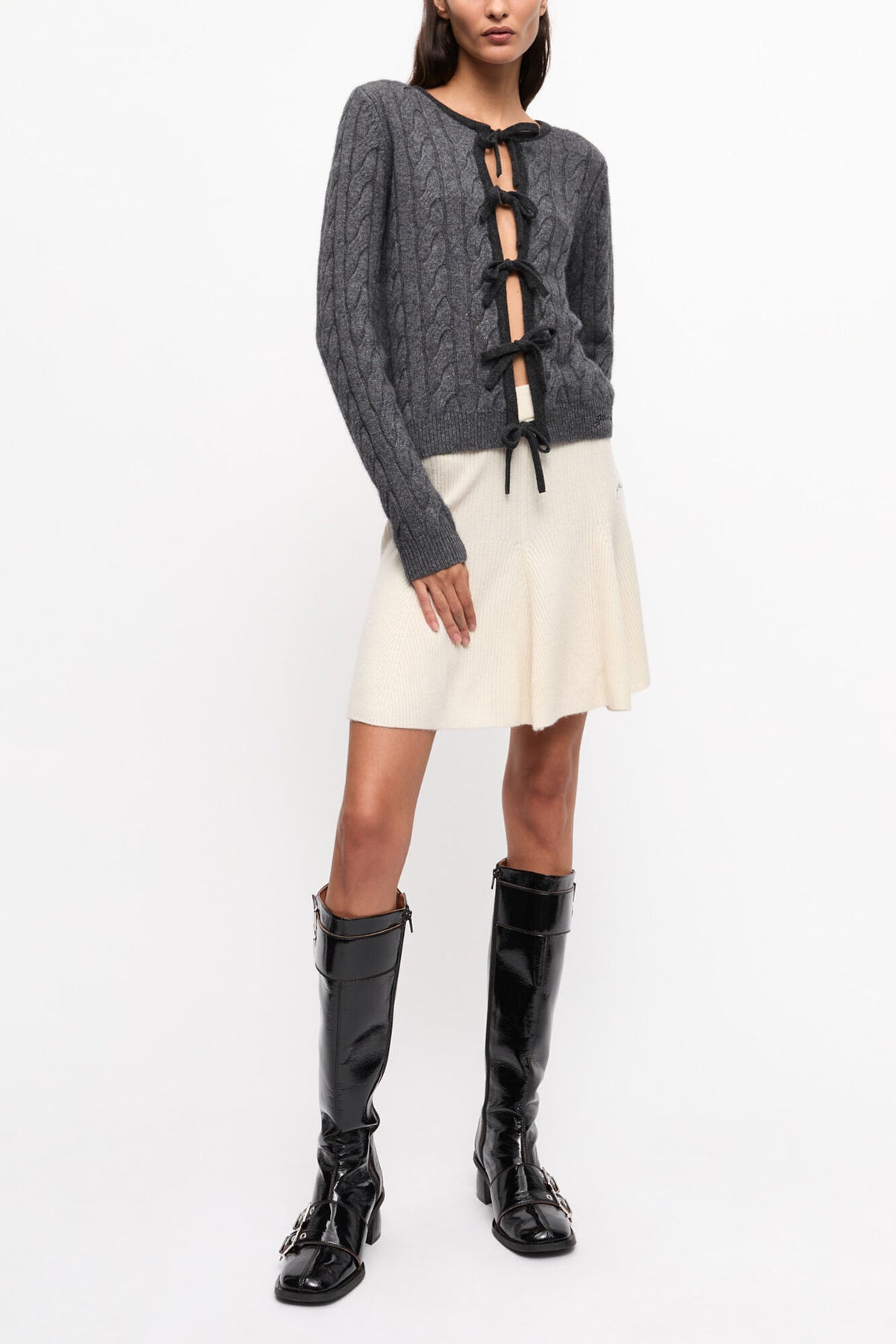 Grey and Black Cashmere Mix Tie String Cardigan
