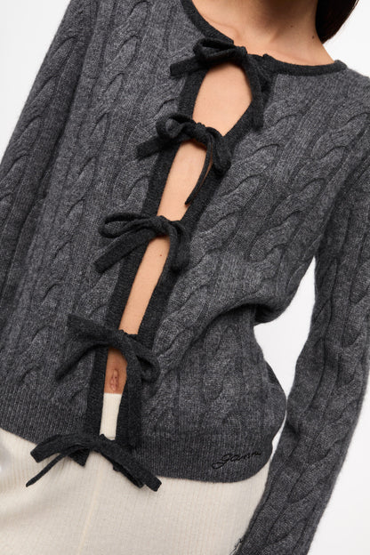 Grey and Black Cashmere Mix Tie String Cardigan